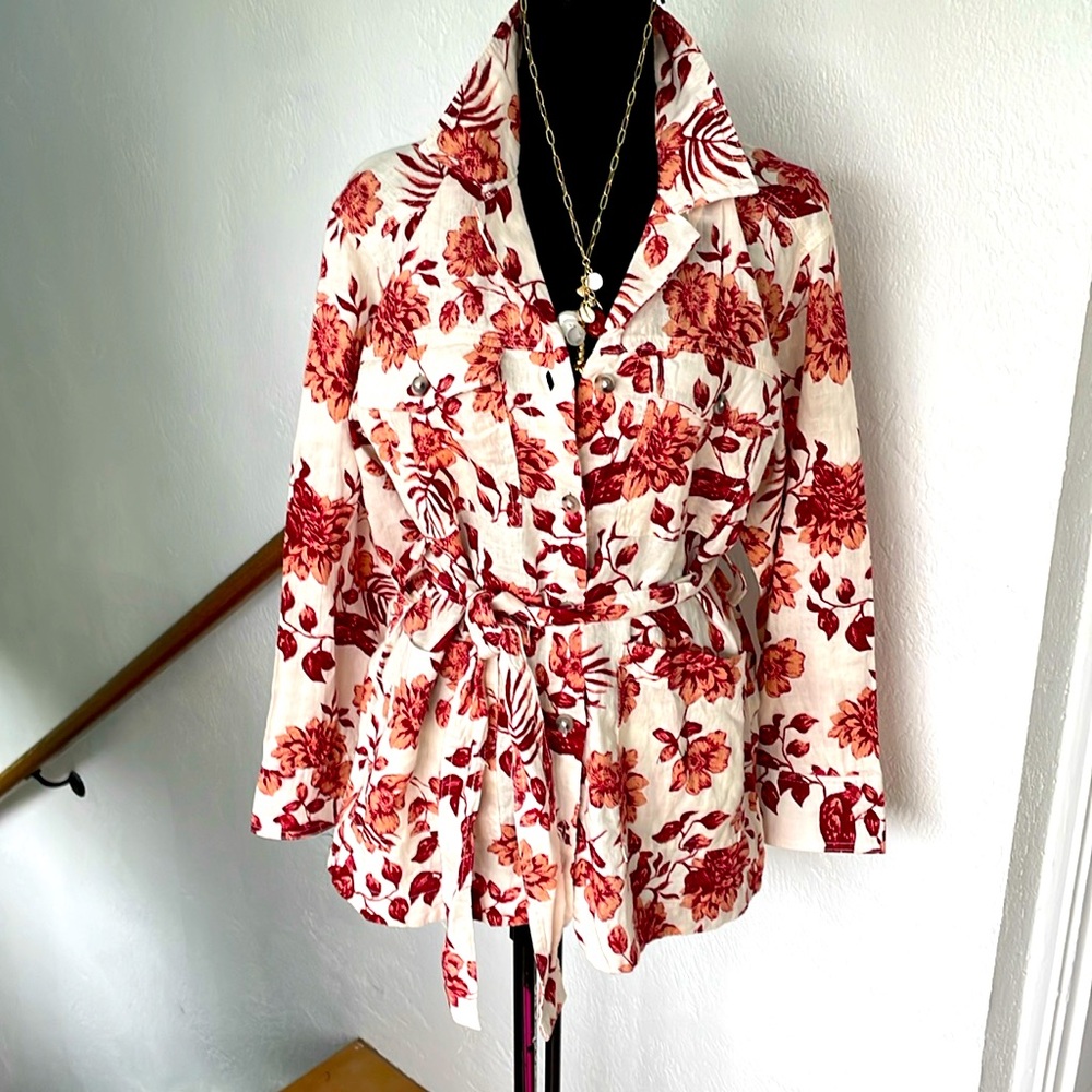 Rachel Zoe NWT PeachyRose Linen Floral Button down Jacket with Waist tie Medium